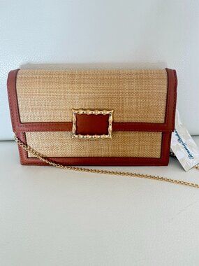 NWT TOMMY BAHAMA WOVEN STRAW CROSSBODY BAG BAMBOO GOLD BUCKLE TAN BROWN